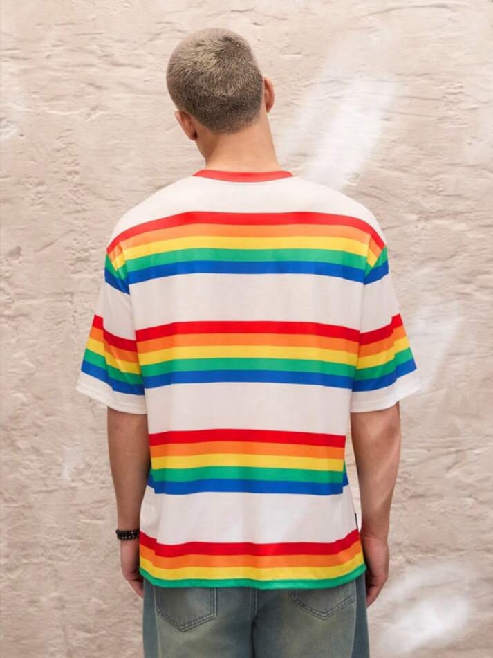 Mong Monkey Standard Size Men's Fashion Rainbow Stripe Loose Drop Shoulder Mid-Sleeve Casual T-Shirt